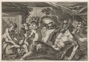 Design for a Panel with a Satyr Drinking from a Vase held up by a Putti, from: Feuillages et autres ornements