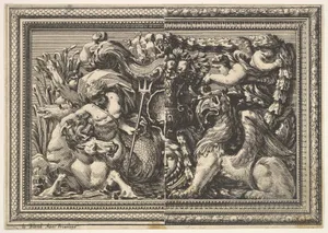 Design for a Panel with Two Variants containing a Hippocamp and a Griffin, from: Ornements de panneaux à la romaine