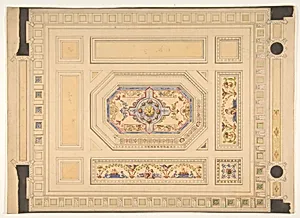 Design for a paneled ceiling painted with putti, birds, and floral motifs by Jules-Edmond-Charles Lachaise|Eugène-Pierre Gourdet