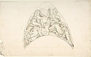 Design for a Pedentive Decoration: two women with musical instruments by Anonymous, Italian, Piedmontese, 18th century
