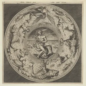 Design for a Plate with Arion Riding a Dolphin in a Medallion Bordered by Sea Monsters