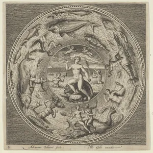 Design for a Plate with Galatea on a Shell Flanked by Trumpeters in a Medallion Bordered by Sea Monsters