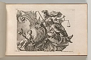 Design for a Rocaille Cartouche with the Figure of Justitia, Plate 2 from an untitled series with architectural cartouches and allegorical figures by Jacob Gottlieb Thelot|Martin Engelbrecht|Jeremias Wachsmuth