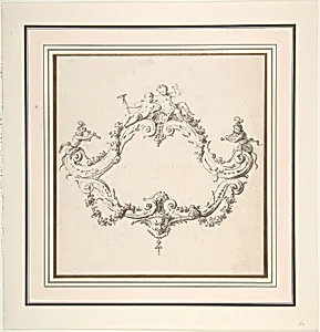 Design for a Rococo Cartouche with Putti and Monkeys by Clément Pierre Marillier