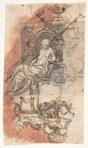 Design for a sepulchral monument with a seated female figure; verso: Design for a statue of a standing male figure and fragment of a letter