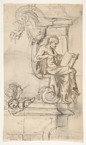 Design for a sepulchral monument with a seated prophet or philosopher; verso: Sketches