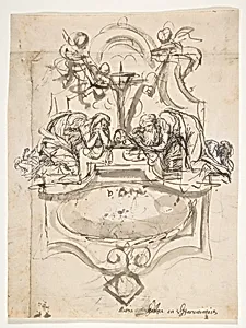 Design for a sepulchral monument with Mary Magdalen and Saint Jerome; verso: Sketch (counterproof) and writing exercises by Pieter Verbruggen the Younger|Anonymous, Flemish, 17th century|Michiel van der Voort