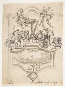 Design for a sepulchral monument with Mary Magdalen and Saint Jerome; verso: Sketch (counterproof) and writing exercises
