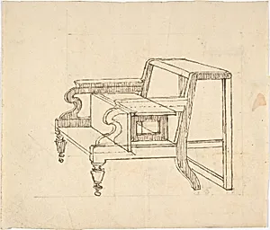 Design for a Small Stepstool with Front Casters (verso: sketch demonstrating folding mechanism) by Anonymous, British, 19th century