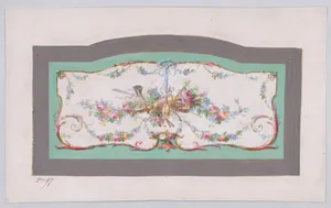 Design for a Sofa Back Cover (?) with an Ornamental Frame Containing a Large Horizontal Garland of Flowers and Leaves with Musical Instruments and a Vase, Decorated with Acanthus Leaves and Two Fleurs de Lys