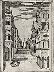 Design for a Stage Set Depicting a Perspectival View of an Ideal Renaissance City by Anonymous, Italian, 16th century|Monogrammist G.A. & the Caltrop