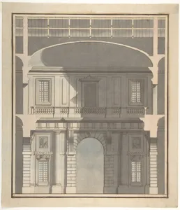 Design for a Stage Set: Design in Section of a Two-Storied Entrance Hall (Recto). Elevation Design for a Monumental Entrance with Columns and Rounded Pediment (Verso).