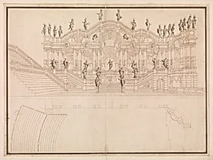 Design for a Stage Set: Longitudinal Section and Plan of amphitheater and Stage by Giuseppe Galli Bibiena