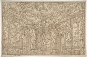 Design for a Stage Set of a Palace Interior Decorated with Putti, Garlands and Three Portrait Medallions