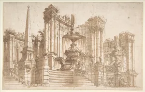Design for a Stage Set: Semi-Circular Architectural Ruins, Fountains, and an Obelisk