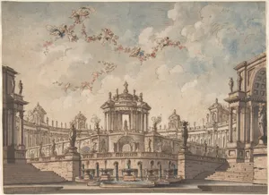 Design for a Stage Set: Semi-Circular Colonnaded Building, a Bridge Surmounted by a Tempietto, a Fountain in the Foreground and Putti Bearing Garlands.