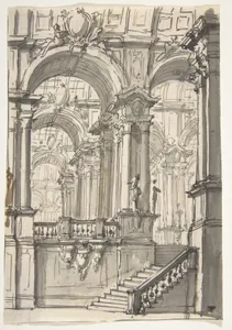Design for a Stage Sets: Anteroom with Stairs Leading to a Gallery Composed of a Series of Connected Barrel Vaults
