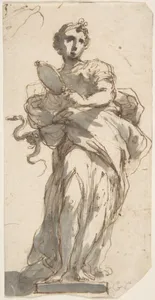 Design for a Statue of Prudence with Sketches at Upper Left Corner.