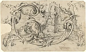 Design for a Tablet for a Chimney-Piece with Two Swans in Combat, Enclosed within a Scrolling Cartouche with a Water-Spouting Dragon's Head by Thomas Johnson