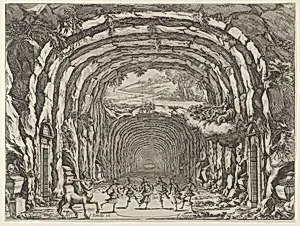 Design for a theater set created by Giacomo Torelli da Fano for the ballet 'Les Noces de Thétis', from 'Décorations et machines aprestées aux nopces de Tétis, Ballet Royal' by Israel Silvestre|F. Francart|Giacomo Torelli da Fano