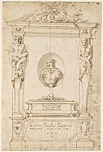Design for a Tomb with Herms and a Niche with a Bust Portrait by Anonymous, Italian, 16th century