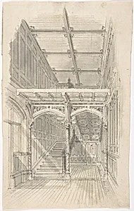 Design for a Tudor Paneled Hall and Staircase by Anonymous, British, 19th century