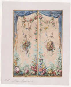 Design for a Valance in the Style of Louis XVI with Bushes and Garlands of Flowers and Containing Two Decorative Bunches of Leaves, Fruits and Flowers Holding Gardening Utensils and a Straw Hat