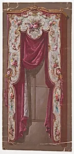 Design for a Valance in with Thin Bushes and Garlands of Flowers and a Shell Motif with a Hanging Curtain by Anonymous, French, 19th century