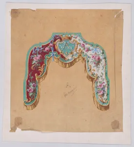 Design for a Valance with Bundles and Garlands of Flowers and a Monogram Presenting Two Design Variants