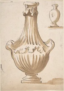 Design for a Vase: two handles, no cover. In upper right corner, a smaller, simpler shape (recto); Part of a Chalk Drawing (verso)