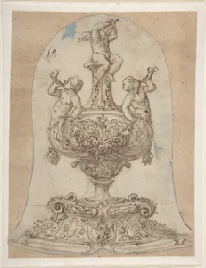 Design for a Vessel with Two Tritons Blowing Horns and a Winged Putto on Top