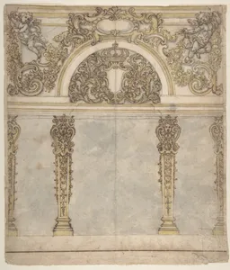 Design for an Alcove with a Coat of Arms Flanked by Putti Bearing a Crown, Supported by Pilasters with Human Heads in Capitals
