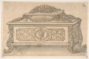 Design for an Casket heavily decorated Foliate Scrolls, Garlands and a Satyr Mask