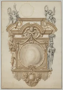 Design for an Epitaph with a Variant, flanked by Terms and surmounted by statues of Cherubs