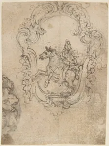 Design for an Equestrian Statue in a Cartouche (recto); Sketches for a Frieze with Sea-Shells and Floral Ornament (verso).