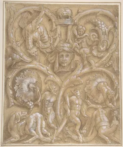 Design for an Ornamental Panel with Rinceaux, Satyrs, Putti, Monsters and a Human Head