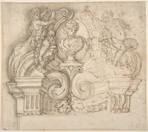 Design for an Overdoor or the Top of a Niche with a Bust and Garland-bearing Putti