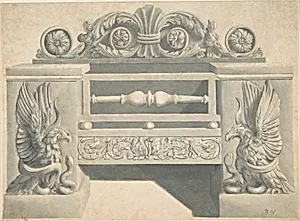 Design for Cast-iron Grate in Rococo Style with Putti Fire Dogs by Benjamin Dean Wyatt
