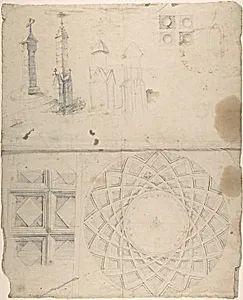 Design for coffered cupola interior and monuments (recto); details of wall decoration (verso) by Anonymous, German, 19th century