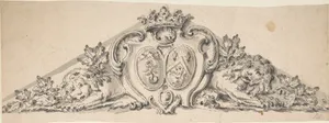 Design for Pediment with Two Heraldic Crests, Lions and a Crown