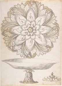 Design for Single Footed Dish with Cover Shaped like Flower and Foliage
