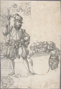 Design for Stained Glass: A Halbardier by an Unfinished Coat of Arms