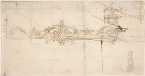 Design for the Crowning Decorations of a Gate (recto); Sketches of Stone Blocks with Measurements (verso)