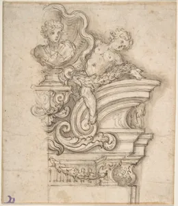 Design for the Right Half of an Overdoor Decoration with a Bust