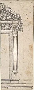 Design for the Right Side of a Door with Pediment and Fluted Pilasters by Anonymous, Italian, 17th century