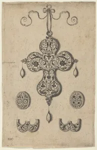 Design for the Verso of a Cross-Shaped Pendant Above a Pair of Oval Ornaments and Axe-Shaped Ornaments