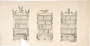 Design for Three Bookcabinets Two Adorned with Eagles and Snakes, the other with Masks, Flames and Grotesques by Anonymous, British, 19th century