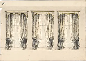 Design for Three Sets of Gray Curtains , with Gray and Gold Pediments by Anonymous, British, 19th century