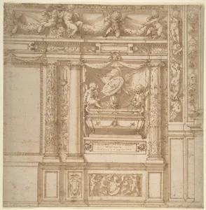 Design for Wall Decoration with a Funeral Monument Decorated with Columns and Putti Holding Garlands.