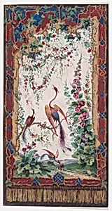 Design for Wallpaper or Panel (?) with an Orientalist Motif with Three Phoenix-Like Exotic Birds with Colorful Feathers and a Flowering Tree within an Ornamental Frame with Tassels Resembling a Tapestry by Anonymous, French, 19th century